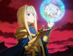 Rule 34 | 1girl, alice zuberg, amayori (sao), armor, blonde hair, blue cape, blue eyes, breastplate, cape, closed mouth, cloud, game cg, gauntlets, gold armor, hair intakes, hairband, long hair, low ponytail, pauldrons, red sky, shoulder armor, sidelocks, sky, solo, spoilers, sword art online, upper body, very long hair, white hairband