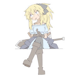 Rule 34 | 1girl, black bow, black pantyhose, blonde hair, boots, bow, crossed legs, dress, female focus, flat color, gloves, hair bow, highres, looking away, masikakuma, original, pantyhose, ponytail, scabbard, sheath, simple background, sitting, solo, sword, weapon, white background