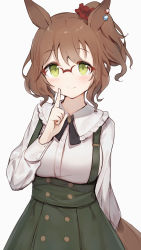 Rule 34 | 1girl, animal ears, blush, breasts, brown hair, commentary, copyright request, frilled shirt collar, frills, glasses, green eyes, green skirt, hair ornament, hair scrunchie, highres, horse ears, horse girl, horse tail, index finger raised, large breasts, long sleeves, looking at viewer, medium breasts, medium hair, red scrunchie, scrunchie, shirt, shone, side ponytail, simple background, skirt, smile, solo, suspender skirt, suspenders, tail, white background, white shirt