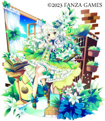 Rule 34 | 1girl, animal ears, avocado (fruits fulcute!), blue bow, blue footwear, blue sky, book, bookshelf, bow, brick wall, cat ears, cat girl, cat tail, cloud, cloudy sky, commentary request, copyright notice, curtains, day, dress, flower, frilled dress, frills, fruits fulcute!, green bow, green dress, green eyes, grey hair, hair between eyes, long hair, official art, open book, open mouth, open window, pink flower, sakurazawa izumi, shoes, simple background, sky, solo, striped, striped bow, tail, tail bow, tail ornament, transparent, very long hair, white background, white flower, window