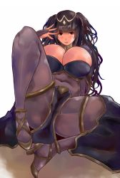 Rule 34 | 1girl, alternate breast size, black eyes, black hair, black legwear, blush, bodystocking, breasts, circlet, cleavage, covered navel, emino meika, fire emblem, fire emblem awakening, high heels, huge breasts, knees apart feet together, long hair, looking at viewer, nintendo, parted lips, pelvic curtain, simple background, sitting, skin tight, smile, solo, spread legs, tharja (fire emblem), twintails, two side up, white background