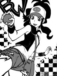 10s 1girl bag bare_shoulders creatures_(company) female_focus game_freak greyscale hilda_(pokemon) long_hair monochrome nintendo open_mouth perspective pokemon pokemon_bw ponytail shorts smile solo tegaki vest wristband