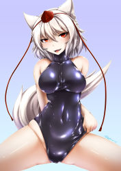Rule 34 | 1girl, :d, absurdres, animal ear fluff, animal ears, bare arms, bare shoulders, blue background, blush, breasts, commentary request, covered navel, cowboy shot, fangs, front zipper swimsuit, gradient background, hair between eyes, hat, head tilt, highres, inubashiri momiji, inyuppo, large breasts, leotard, looking at viewer, meme attire, one-piece swimsuit, open mouth, purple background, red eyes, shiny clothes, shiny skin, short hair, silver hair, sitting, skindentation, smile, solo, spread legs, swimsuit, tail, tassel, thighs, tokin hat, touhou, wolf ears, wolf tail
