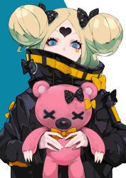 Rule 34 | 1girl, abigail williams (fate), abigail williams (traveling outfit) (fate), black bow, black jacket, blonde hair, blue eyes, bow, commentary request, covered mouth, double bun, fate/grand order, fate (series), hair bow, hair bun, heart, heroic spirit traveling outfit, highres, holding, holding stuffed toy, jacket, lam (ramdayo), long hair, long sleeves, looking at viewer, official alternate costume, orange bow, parted bangs, polka dot, polka dot bow, sleeves past wrists, solo, stuffed animal, stuffed toy, teddy bear, upper body