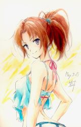 Rule 34 | 1girl, back, bare shoulders, bikini, blue camisole, blush, brown hair, camisole, closed mouth, color ink (medium), dated, hand on own hip, hibike! euphonium, highres, long hair, looking at viewer, looking back, nakagawa natsuki, nii manabu, ponytail, purple eyes, signature, smile, solo, standing, swimsuit, traditional media