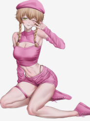 Rule 34 | 1girl, absurdres, amane suzuha, armpits, braid, breasts, cleavage, cleavage cutout, clothing cutout, full body, hat, highres, koha (hlrqkqwd 2652), large breasts, legs, medium breasts, one eye closed, shoes, shorts, sitting, smile, sneakers, solo, steins;gate, tagme, thigh strap, toned, v, wink