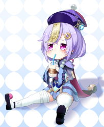 Rule 34 | 1girl, bandaged leg, bandages, bead necklace, beads, bottle, cape, checkered background, chibi, chinese clothes, coin hair ornament, commentary request, drinking, drinking straw, drinking straw in mouth, earrings, genshin impact, hair between eyes, hair ornament, hat, holding, holding bottle, jewelry, jiangshi, long hair, long sleeves, looking at viewer, low ponytail, milk, milk bottle, mitsubasa miu, necklace, ofuda, orb, purple eyes, purple hair, qingdai guanmao, qiqi (genshin impact), sidelocks, simple background, solo, thighhighs, vision (genshin impact), white thighhighs, wide sleeves, yin yang, yin yang orb, zettai ryouiki