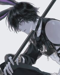 Rule 34 | 1boy, 42sai, abs, animal ears, arm strap, black choker, black hair, black pants, character request, choker, cropped, cropped shirt, final fantasy, final fantasy xiv, from side, gauntlets, hair over one eye, head tilt, holding, holding polearm, holding weapon, leaning forward, looking at viewer, male focus, over shoulder, pants, parted lips, polearm, purple eyes, rabbit boy, rabbit ears, short hair, simple background, single bare shoulder, sitting, solo, toned, toned male, upper body, weapon, weapon over shoulder