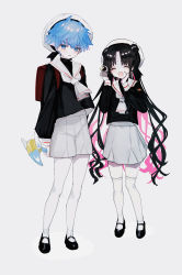 Rule 34 | 1boy, 1girl, absurdres, bag, beret, black footwear, black hair, black shirt, blouse, blue eyes, blue hair, camera, child, closed eyes, commentary request, double bun, facial mark, fate/extra, fate/extra ccc, fate/grand order, fate (series), forehead mark, forehead tattoo, full body, grey shorts, grey skirt, hair bun, hand on own cheek, hand on own face, hans christian andersen (fate), hat, highres, holding, holding camera, long hair, long sleeves, looking at viewer, multicolored hair, pantyhose, parted bangs, parted lips, pink hair, pith u, red bag, school bag, school uniform, serafuku, sessyoin kiara, sessyoin kiara (lily), shirt, short hair, shorts, simple background, skirt, smile, standing, streaked hair, sweat, thighhighs, turtleneck, two-tone hair, very long hair, wavy hair, white background, white headwear, white pantyhose, white thighhighs