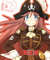 Rule 34 | 1girl, belt, blue eyes, blush, blush stickers, cape, ascot, epaulettes, hair ornament, hairclip, hand on own hip, hands on own hips, hat, hat feather, hip focus, inaka keikou, katou marika, long hair, miniskirt pirates, pink hair, pirate, pirate hat, skull and crossbones, smile, solo