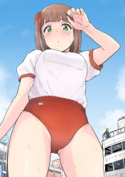 Rule 34 | 1boy, 1girl, amami haruka, arm at side, blue sky, blunt bangs, blush, brown hair, building, buruma, chestnut mouth, cowboy shot, day, eyebrows, flower, formal, from below, giant, giantess, green eyes, gym uniform, hair ribbon, hand on own head, highres, idolmaster, idolmaster (classic), looking down, name tag, outdoors, producer (idolmaster), red flower, red rose, ribbon, rose, short hair, short sleeves, sky, solo focus, suit, sweat, tsurui