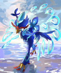 Rule 34 | beach, beak, blue eyes, blue feathers, cloud, commentary request, creatures (company), feathers, fusenryo, game freak, highres, horizon, nintendo, pokemon, pokemon (creature), quaquaval, standing, standing on one leg, water