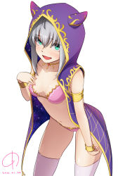 Rule 34 | 1girl, 4690 (tkpbsk), armband, bikini, blush, bracelet, breasts, chocolate heaven (fate/grand order), cloak, cosplay, fate/grand order, fate (series), gray (fate), green eyes, grey hair, hand on own chest, hood, hooded cloak, horned hood, horns, jewelry, kama (chocolate heaven) (fate), kama (fate), kama (fate) (cosplay), looking at viewer, lord el-melloi ii case files, necklace, open mouth, revealing clothes, ribs, short hair, signature, simple background, small breasts, solo, swimsuit, thighhighs, white background, wristband