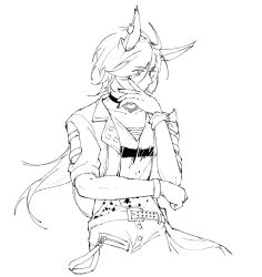 Rule 34 | 1girl, air shakur (umamusume), animal ears, belt, choker, clothing cutout, covering own mouth, cropped legs, ear piercing, flat chest, greyscale, hand up, horse ears, iner (shakur mom), jacket, long hair, looking at another, monochrome, open clothes, open jacket, pants, piercing, shirt, short sleeves, solo, umamusume, v-neck, wristband