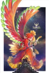 Rule 34 | 1girl, adapted costume, creatures (company), dress, game freak, gen 2 pokemon, highres, ho-oh, kantarou (8kan), legendary pokemon, nintendo, personification, pokemon, rainbow feather (pokemon), rainbow feather (pokemon), rainbow wings, red eyes, red hair, sky, solo, star (sky), star (symbol), starry background, starry sky, wings