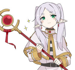 Rule 34 | 1girl, blush, capelet, closed mouth, commentary request, earrings, frieren, fusazakura, gold trim, green eyes, grey hair, highres, holding, holding staff, jewelry, long sleeves, pointy ears, simple background, smile, solo, sousou no frieren, staff, star (symbol), thick eyebrows, twintails, upper body, white background, white capelet