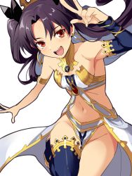 Rule 34 | 1girl, bare shoulders, black bow, black hair, black sleeves, bow, breasts, cleavage, collar, detached collar, detached sleeves, earrings, fate/grand order, fate (series), hair bow, hakka (88hk88), highres, hoop earrings, ishtar (fate), jewelry, long hair, long sleeves, navel, open mouth, red eyes, simple background, single detached sleeve, single thighhigh, small breasts, smile, solo, thighhighs, tiara, two side up, very long hair, white background