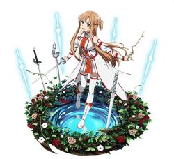 Rule 34 | 10s, 1girl, :d, asuna (sao), brown eyes, brown hair, detached sleeves, dress, floating hair, flower, full body, holding, holding sword, holding weapon, long hair, looking at viewer, open mouth, pleated dress, red flower, simple background, smile, solo, standing, sword, sword art online, thighhighs, very long hair, weapon, white background, white flower, white thighhighs