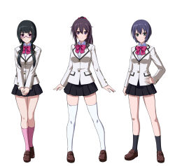 Rule 34 | 3girls, absurdres, aqua eyes, arms at sides, black hair, blue hair, brown hair, commentary request, commission, full body, hand on own hip, highres, loafers, long hair, looking at viewer, multiple girls, original, own hands together, ponytail, purple eyes, ribbon, ribimura, school uniform, semi-rimless eyewear, shoes, short hair, skirt, smile, standing, thighhighs, under-rim eyewear, white background