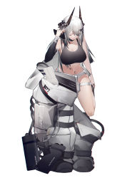 Rule 34 | 1girl, absurdres, arknights, bare shoulders, black choker, breasts, choker, cleavage, closed eyes, crop top, hand up, highres, horns, infection monitor (arknights), large breasts, long hair, material growth, midriff, mudrock (arknights), navel, oripathy lesion (arknights), solo, sports bra, stomach, thighs, yushe quetzalli