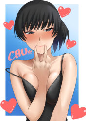 Rule 34 | 1girl, amagami, black camisole, black eyes, black hair, blush, border, breasts, camisole, cleavage, commentary request, heart, looking at viewer, medium breasts, mori heichi, off shoulder, ponytail, smile, solo, tsukahara hibiki, v, white border