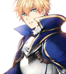 Rule 34 | 1boy, armor, arthur pendragon (fate), blonde hair, blue cape, blue eyes, breastplate, cape, fate (series), hair between eyes, looking at viewer, male focus, parted lips, simple background, solo, upper body, white background