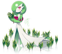 Rule 34 | 1other, colored skin, creatures (company), dress, flower, game freak, gardevoir, gen 3 pokemon, green hair, green skin, highres, holding, holding flower, looking at viewer, lotosu, medium hair, multicolored skin, nintendo, pokemon, pokemon (creature), red eyes, red skin, signature, smile, solo, white dress, white skin