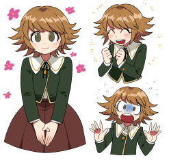 Rule 34 | 1boy, :d, black ribbon, blush, brown hair, brown skirt, closed eyes, closed mouth, commentary request, danganronpa: trigger happy havoc, danganronpa (series), floral print, flying sweatdrops, fujisaki chihiro, furukawa (yomawari), hands up, happy, highres, long sleeves, looking at viewer, male focus, multiple views, neck ribbon, open mouth, pleated skirt, ribbon, short hair, simple background, skirt, smile, surprised, trap, v arms, white background