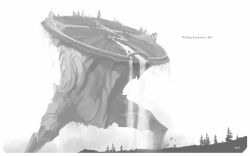Rule 34 | 1other, animal, artist name, border, den (denwhat), giant, greyscale, highres, horse, league of legends, monochrome, monster, river, road, standing, street, tree, water, waterfall, white border
