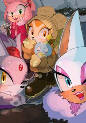Rule 34 | 1other, 4girls, amy rose, animal ears, animal nose, arm up, bat ears, bat girl, black coat, blaze the cat, blue skin, blush, boots, brown coat, brown footwear, cat ears, cat girl, cheese (sonic), closed eyes, closed mouth, coat, coffee, collared coat, colored skin, covering own mouth, cream the rabbit, cup, eyelashes, eyeshadow, fang, forehead jewel, fur-trimmed hood, fur trim, furry, furry female, gem, gloves, green eyes, hairband, hand on own face, hands up, hat, hedgehog ears, hedgehog girl, highres, holding, holding cup, hood, hooded coat, lips, lipstick, long sleeves, looking at viewer, looking to the side, makeup, multiple girls, on ground, one eye closed, open clothes, open coat, open mouth, orange eyes, orange fur, orange gloves, orange scarf, outdoors, pam3le, pink coat, pink eyeshadow, pink fur, pink scarf, plaid, plaid scarf, pom pom (clothes), purple coat, purple fur, purple sweater, rabbit ears, rabbit girl, red gemstone, red hairband, red sweater, rock, rouge the bat, scarf, shadow, sleeping, smile, snow, sonic (series), standing, sweater, teeth, tongue, turtleneck, turtleneck sweater, two-tone fur, white fur, white gloves, wing collar, winter clothes, yellow eyes, yellow fur, yellow headwear