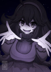 Rule 34 | 1girl, ahoge, artist logo, breasts, commentary request, creatures (company), dress, game freak, hairband, hakusai (user nkkd7242), hex maniac (pokemon), highres, looking at viewer, medium breasts, nintendo, open mouth, pokemon, pokemon xy, purple dress, purple theme, smile, solo, turtleneck, upper body