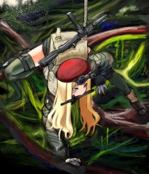Rule 34 | 1girl, backpack, bag, beret, blonde hair, blue eyes, camouflage, gloves, green thighhighs, gun, hat, jacket, knife, long sleeves, military, military uniform, mouth hold, nature, original, red hat, scabbard, sheath, solo, thighhighs, uniform, united kingdom, weapon, y (khakiyawn)