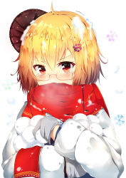 Rule 34 | 1girl, absurdres, ahoge, blonde hair, glasses, hair ornament, highres, huaimeng, long sleeves, looking at viewer, mittens, open mouth, original, red eyes, red scarf, scarf, short hair, snowball, snowflake hair ornament, snowflakes, solo, upper body