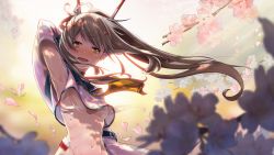 Rule 34 | 1girl, :d, absurdres, armpits, ayanami (azur lane), azur lane, breasts, cherry blossoms, commentary request, detached sleeves, highres, long hair, looking at viewer, navel, open mouth, petals, ponytail, remodel (azur lane), school uniform, serafuku, shade, silver hair, smile, solo, suppa (hagakuresuppa), underboob, wind