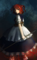 Rule 34 | 1girl, blue background, dress, flower, frown, gradient background, hair bobbles, hair ornament, highres, layered dress, looking at viewer, looking back, obi, onozuka komachi, polearm, puffy short sleeves, puffy sleeves, red eyes, red hair, sash, short hair, short sleeves, solo, spider lily, tamae (pixiv40276), touhou, twintails, two side up, weapon
