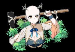 Rule 34 | 1girl, antlers, bald, branch, brooch, bush, ceres fauna, dress, earrings, getting over it, hammer, highres, hololive, hololive english, horns, jewelry, kkamanggwi, leaf, mole, mole under eye, ribbon, sledgehammer, solo, virtual youtuber, yellow eyes