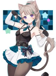 Rule 34 | 1girl, alternate costume, animal ears, aqua bow, aqua necktie, bare shoulders, black bow, black gloves, bow, breasts, camisole, cat ears, cat tail, commentary, cowboy shot, elbow gloves, fingerless gloves, genshin impact, gloves, grey hair, grey pantyhose, head tilt, highres, long hair, looking at viewer, lynette (genshin impact), miniskirt, necktie, pantyhose, parted lips, pleated skirt, ponytail, purple eyes, scharamouch9, skirt, small breasts, solo, spaghetti strap, tail, very long hair, white skirt
