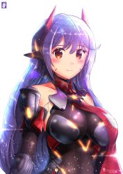 Rule 34 | 1girl, android, bare shoulders, blue hair, blush, breasts, chinchongcha, elbow gloves, gem, gloves, glowing, hair ornament, headpiece, highres, large breasts, long hair, looking at viewer, nintendo, poppi (xenoblade), poppi qtpi (xenoblade), purple hair, smile, solo, spoilers, very long hair, xenoblade chronicles (series), xenoblade chronicles 2, yellow eyes
