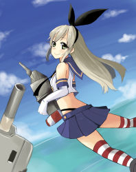 Rule 34 | 10s, 1girl, absurdres, atg (wttoo0202), bad id, bad pixiv id, black panties, blonde hair, crop top, crop top overhang, elbow gloves, gloves, green eyes, hairband, highres, kantai collection, lifebuoy, long hair, looking at viewer, looking back, microskirt, midriff, navel, panties, personification, pleated skirt, rensouhou-chan, shimakaze (kancolle), skirt, smile, solo, striped clothes, striped thighhighs, swim ring, thighhighs, underwear, | |, || ||