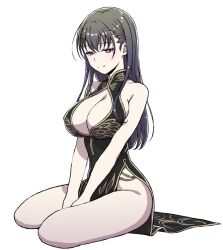 Rule 34 | 1girl, alpha transparency, black eyes, black hair, bou (inubou), breasts, china dress, chinese clothes, cleavage, cleavage cutout, clothing cutout, commentary request, dress, fuu-chan no ana, large breasts, long hair, sitting, smile, solo, transparent background, wariza