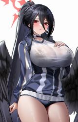 Rule 34 | black bra, black hair, blue archive, blue choker, blue jacket, blush, bra, bra visible through clothes, breasts, choker, collarbone, eternity (shadeh), hair between eyes, halo, hand on own chest, hasumi (blue archive), hasumi (track) (blue archive), highres, jacket, large breasts, long hair, long sleeves, looking at viewer, low wings, mole, mole under eye, parted lips, partially unzipped, ponytail, red eyes, revision, shirt, simple background, thighs, underwear, white background, white shirt, wings