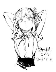 Rule 34 | 10s, 1girl, 2016, arms behind head, artist name, copyright name, dagashi kashi, dated, flower, greyscale, headband, kotoyama, looking at viewer, monochrome, rose, shidare hotaru, simple background, solo, white background