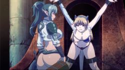 Rule 34 | 2girls, animated, animated gif, ass, bdsm, blonde hair, bondage, bouncing breasts, bound, bound wrists, breasts, butt crack, chain, echidna (queen&#039;s blade), elf, elina (queen&#039;s blade), green hair, large breasts, long hair, multiple girls, nipples, pointy ears, queen&#039;s blade, smile, snake, standing, torn clothes