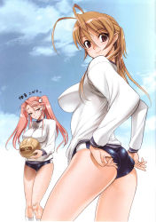 Rule 34 | 2girls, adjusting buruma, adjusting clothes, antenna hair, ass, ball, bandaid, bandaid on knee, bandaid on leg, breasts, brown hair, buruma, buruma pull, clothes pull, day, flat ass, from below, gym uniform, highres, highschool of the dead, impossible clothes, impossible shirt, large breasts, legs, long hair, looking back, miyamoto rei, multiple girls, non-web source, pink hair, satou shouji, shirt, sky, smile, takagi saya, thighs, translated, twintails, upshorts, volleyball, volleyball (object)