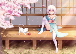 Rule 34 | 1girl, absurdres, bare shoulders, blush, bow, breasts, cat, cherry blossoms, commentary request, dahe zhuang (yishi fanhua), full body, hair ornament, highres, japanese clothes, kimono, looking at viewer, no shoes, original, outdoors, pink bow, short hair, sitting, small breasts, solo, thighhighs, white hair, white thighhighs, yarn, yarn ball