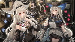 Rule 34 | 1boy, 3girls, absurdres, arknights, ascot, belt, belt buckle, black coat, black gloves, black hat, black pants, blue nails, buckle, capelet, closed mouth, clothing cutout, coat, detached sleeves, gladiia (arknights), gloves, grey hair, grey shirt, hair between eyes, hair over one eye, hand up, hat, high collar, highres, holding, holding weapon, infection monitor (arknights), long hair, looking at viewer, mask, molyb, mouth mask, multiple girls, nail polish, pants, pointy ears, red eyes, shirt, shorts, simple fish, skadi (arknights), specter (arknights), specter the unchained (arknights), standing, strap, thigh cutout, ulpianus (arknights), underwater, very long hair, weapon, white hair