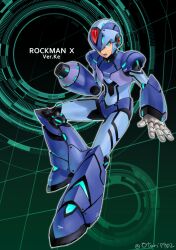Rule 34 | 1boy, android, arm cannon, armor, black background, blue armor, blue eyes, boots, character name, energy gun, forehead jewel, full body, gradient background, green background, helmet, indesign, looking at viewer, male focus, mega man (series), mega man x (series), neon trim, official alternate costume, shoulder armor, solo, twitter username, weapon, x (mega man), x buster