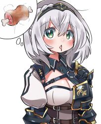 1girl arms_at_sides breasts cleavage drooling green_eyes grey_hair hair_between_eyes highres hololive hungry hyou_(hyouga617) large_breasts mole mole_on_breast mouth_drool shirogane_noel short_hair solo speech_bubble spoken_food thought_bubble transparent_background virtual_youtuber