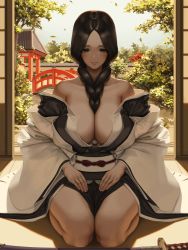 Rule 34 | 1girl, backlighting, bare shoulders, black hair, black kimono, bleach, braid, breasts, closed mouth, collarbone, day, front braid, half-closed eyes, haori, indoors, japanese clothes, kimono, large breasts, leaf, letdie1414, light blush, light smile, long hair, long sleeves, looking at viewer, mature female, no bra, obi, open door, parted bangs, sash, seiza, sitting, solo, sunlight, sword, thighs, tree, unohana retsu, weapon, white sash, wide sleeves