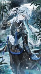 Rule 34 | alternate costume, artist request, birthday, chinese clothes, grey hair, happy birthday, heterochromia, highres, looking at viewer, mechanical arms, mechanical parts, official alternate costume, official art, plant, punishing: gray raven, rain, red eyes, roland (punishing: gray raven), smile, wet, white hair, yellow eyes
